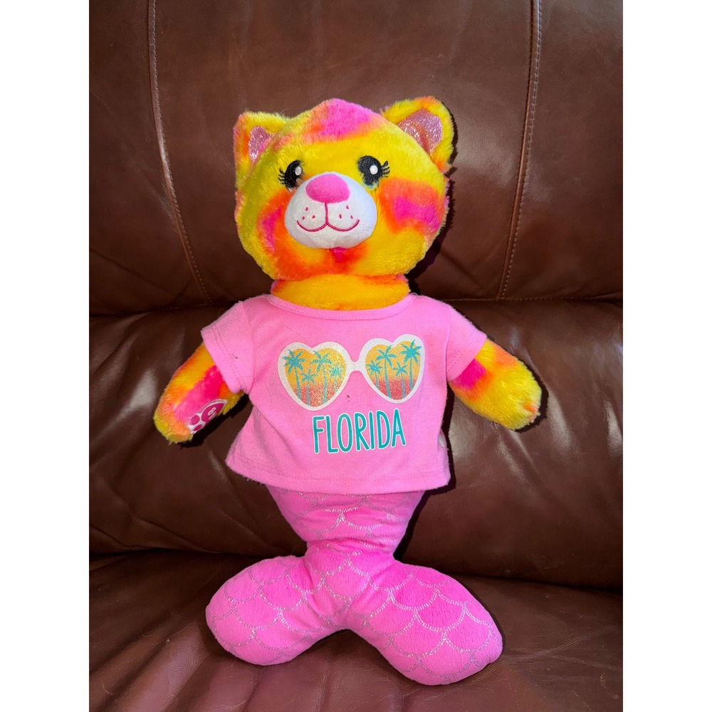 Build-A-Bear Workshop Tie Dye Mermaid Cat Florida Pink T-Shirt Plush Purrmaid